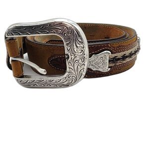 Vintage Justin Boots Men's Brown Leather Silver Embellished Belt Size 42